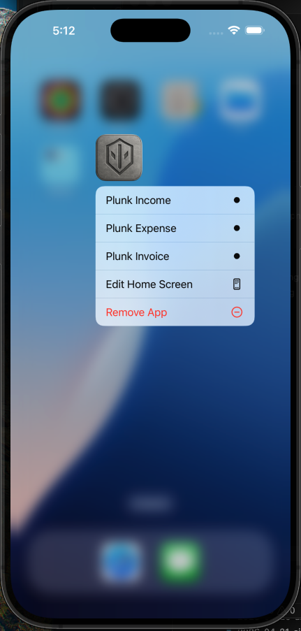 Long-press the Shield icon to access Plunk shortcuts — Income, Expense, Invoice, and Mileage